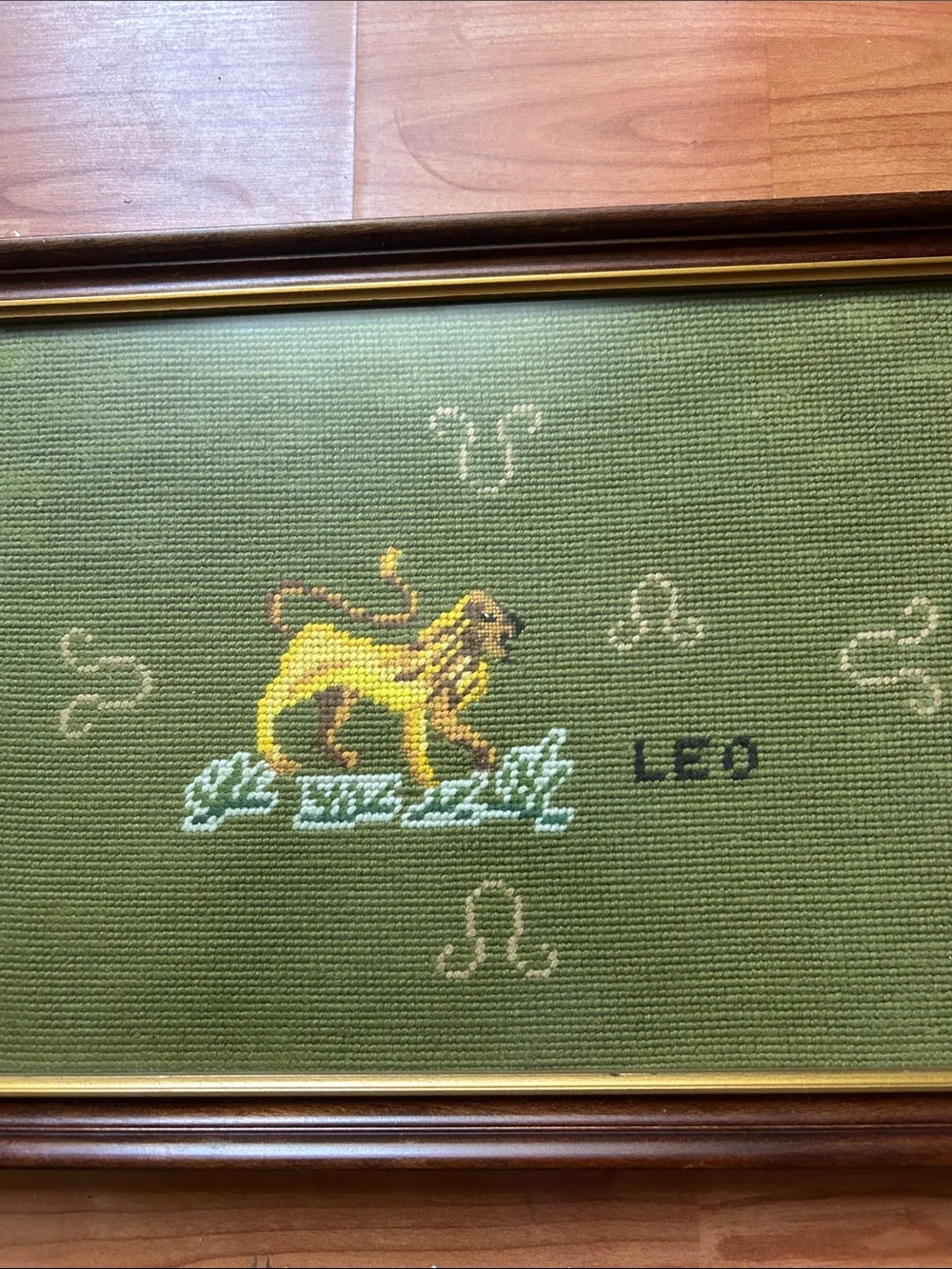 VINTAGE NEEDLEPOINT Green Leo Zodiac Wall Art with Gold Lion Accent. HEAVY SOLID